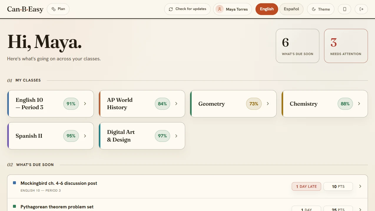 Canbeasy dashboard showing classes and upcoming work