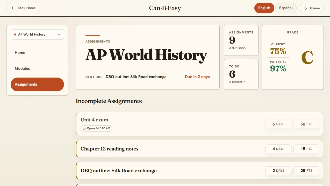 Canbeasy class page showing current and potential grades